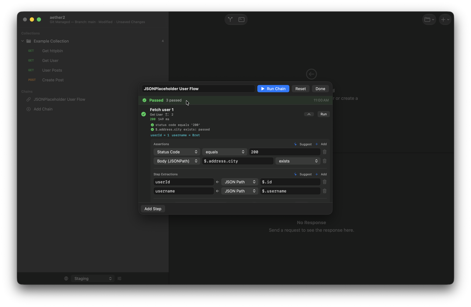Aether chain editor showing assertions and step extractions for a request