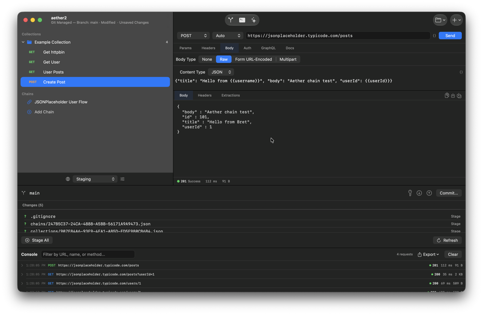Aether request editor with a POST body using variables and the JSON response