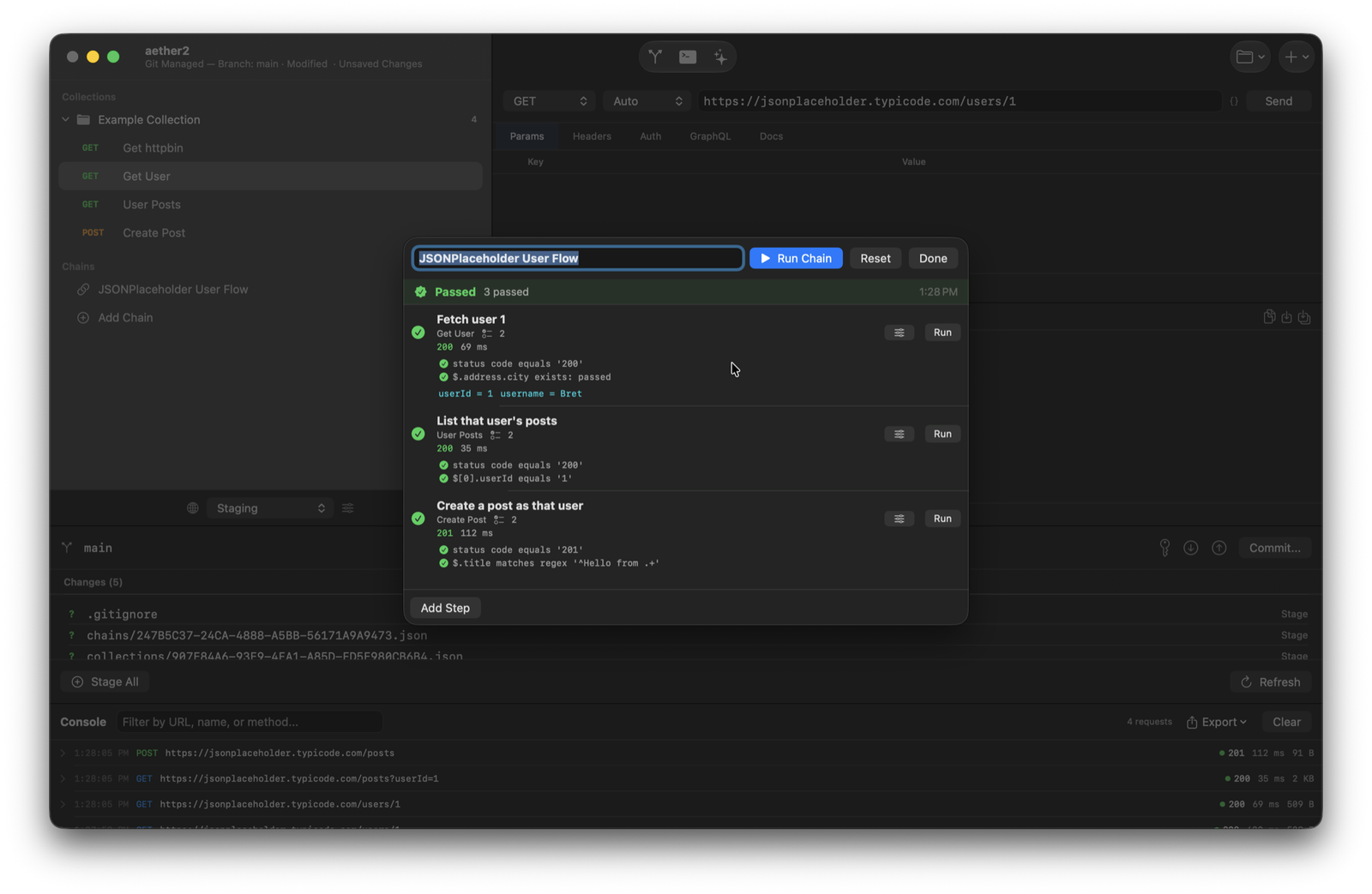 Aether running a request chain with passing assertions, git panel, and console
