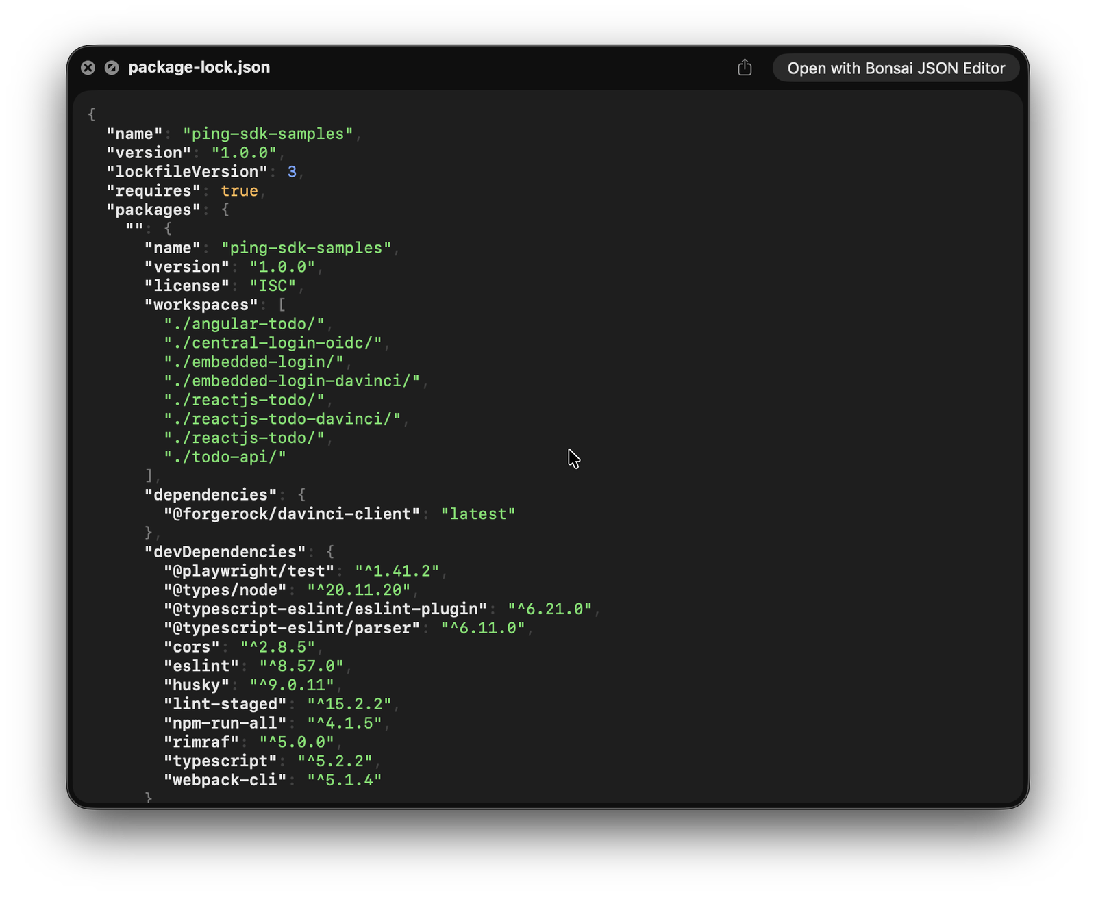 QuickLook preview showing syntax-highlighted JSON in Finder