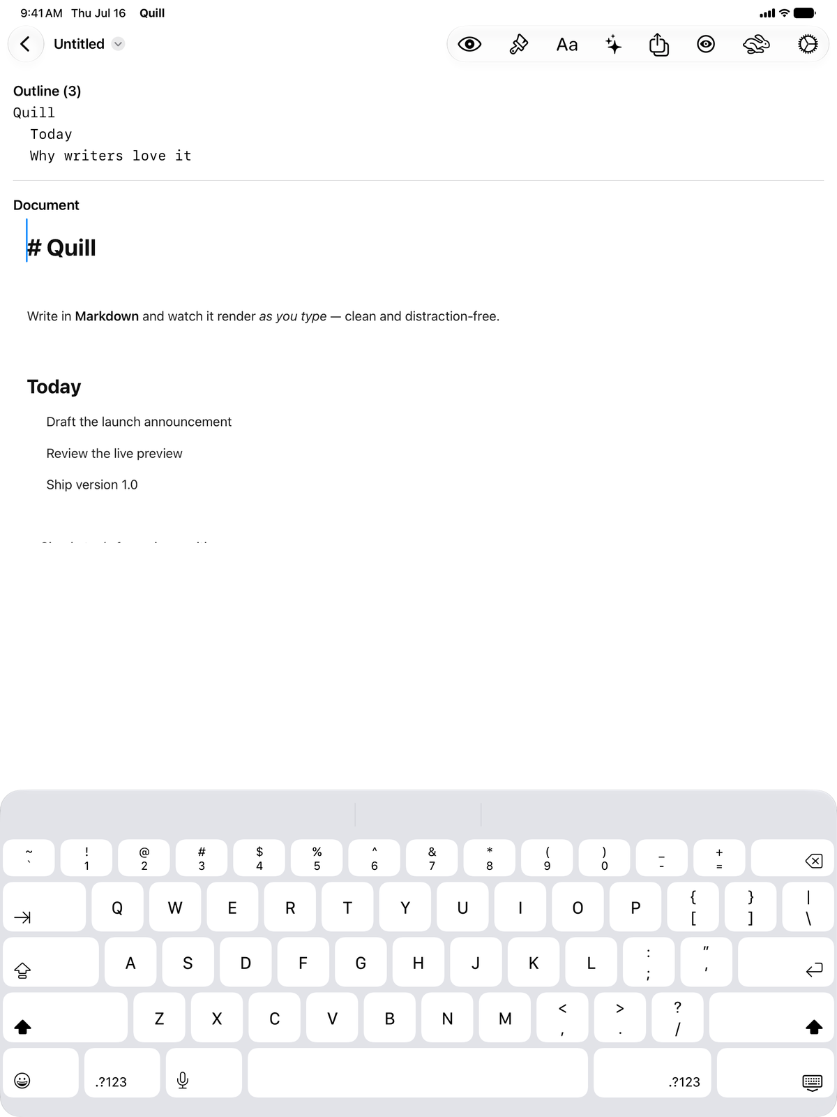 Quill editing a Markdown document on iPad with the outline and on-screen keyboard