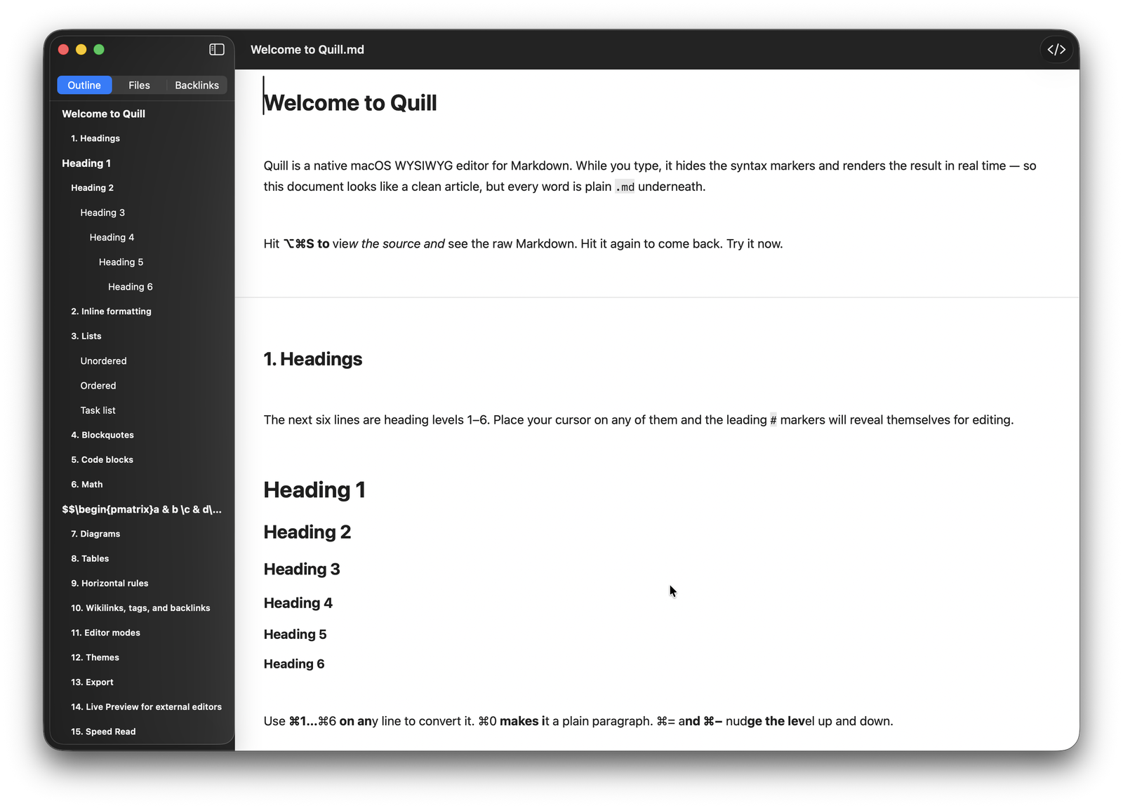 Quill editing a Markdown document with hidden syntax markers and an outline sidebar