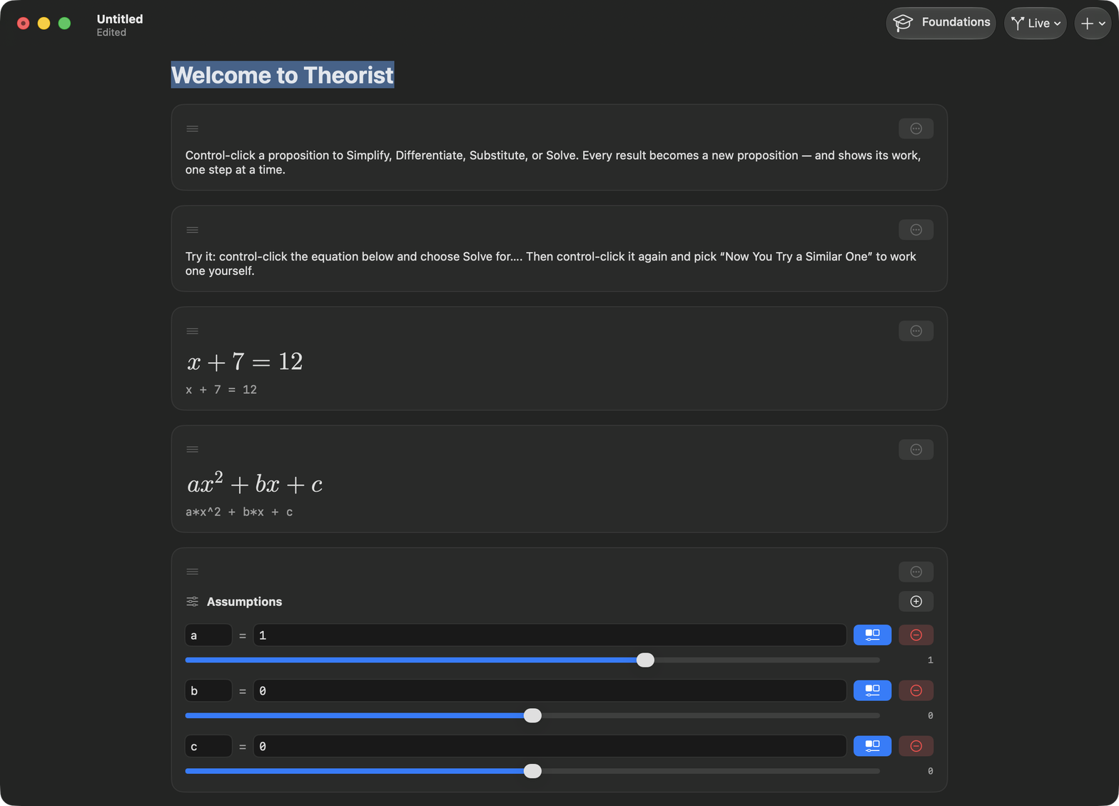 A Theorist welcome notebook: a solved equation, a symbolic quadratic, and assumption sliders.